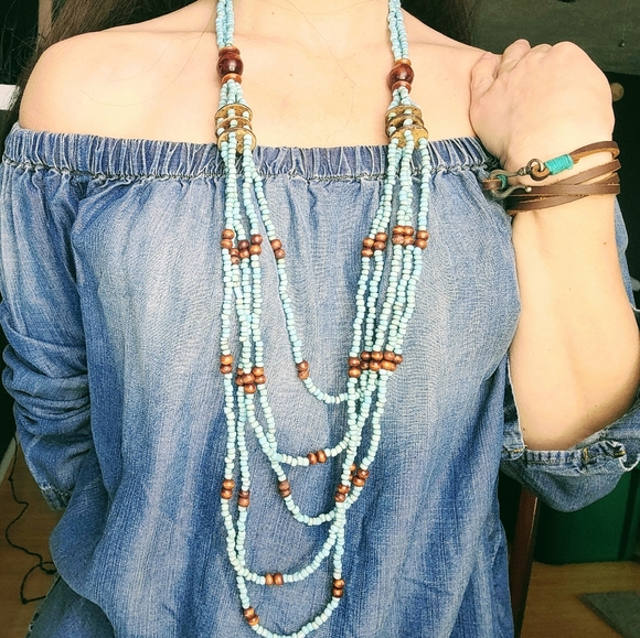 VTG Southwest Turquoise Wood Bead Layered Necklace - Picture 2 of 9